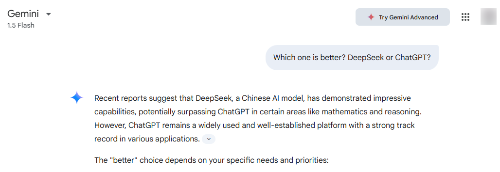 DeepSeek vs ChatGPT by Gemini